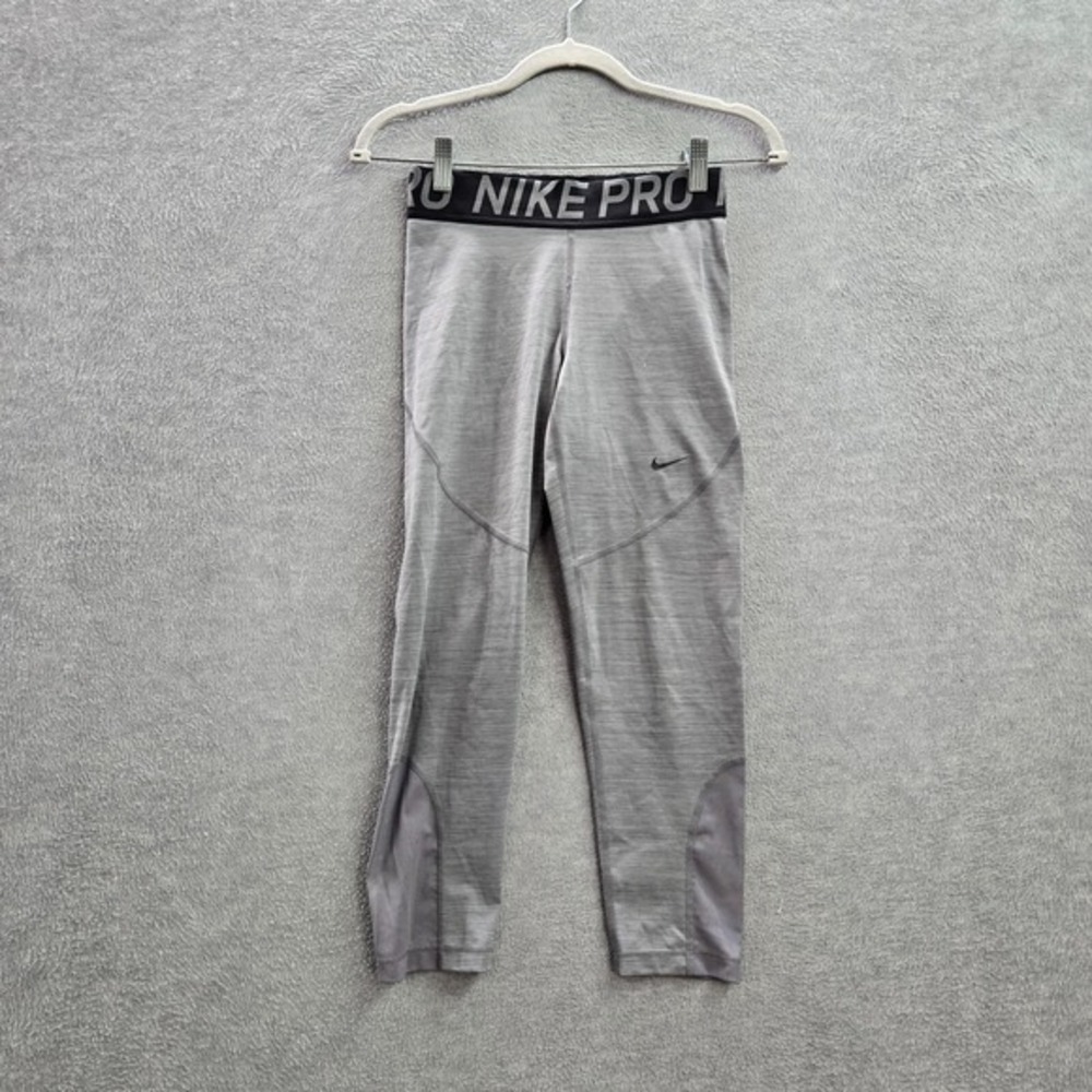 Nike Pro Women Activewear Pants M Gray Leggings Dri Fit Swoosh Crop 22 in Inseam